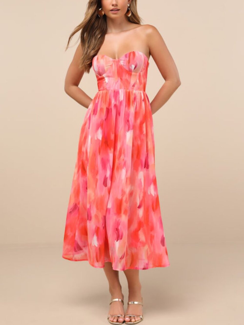 Lulus Aysel Coral Pink Abstract Strapless Bustier Midi Dress - Size S